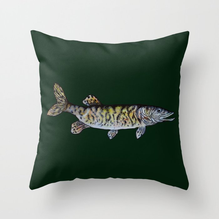 Musky Fish Dark Green Throw Pillow