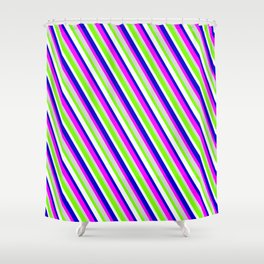 [ Thumbnail: Eyecatching Blue, Fuchsia, Light Gray, Green, and White Colored Lined Pattern Shower Curtain ]