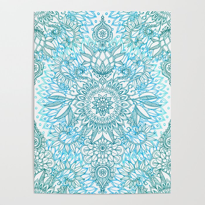 Turquoise Blue, Teal & White Protea Doodle Pattern Poster