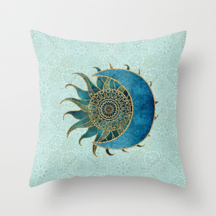 Sun And Moon Universe Celestial Art Gold And Turquoise Throw Pillow