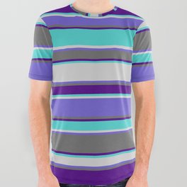 [ Thumbnail: Eye-catching Indigo, Turquoise, Light Gray, Slate Blue, and Dim Grey Colored Striped Pattern All Over Graphic Tee ]