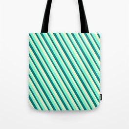 [ Thumbnail: Aquamarine, Teal & Light Yellow Colored Stripes/Lines Pattern Tote Bag ]