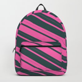 [ Thumbnail: Hot Pink and Dark Slate Gray Colored Lined Pattern Backpack ]