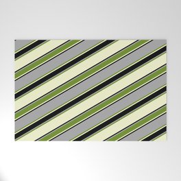 [ Thumbnail: Dark Grey, Green, Light Yellow, and Black Colored Lined Pattern Welcome Mat ]