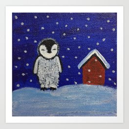 Snowy Art Print | Penguin, Red, Christmas, Animal, Bird, Blue, Color, Whitenight, Landscape, Acrylic 