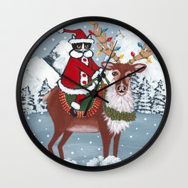 Santa Claws and Reindeer Wall Clock | Santaclaws, Winter, Original, Folkart, Reindeer, Painting, Christmascat, Cat, Acrylic, Art 
