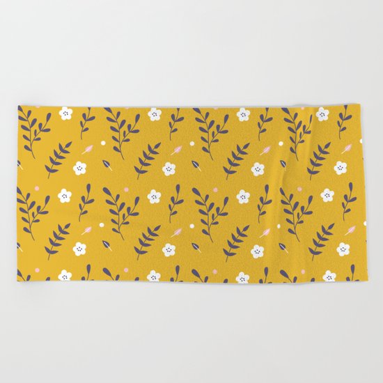 Mustard Floral Pattern Beach Towel
