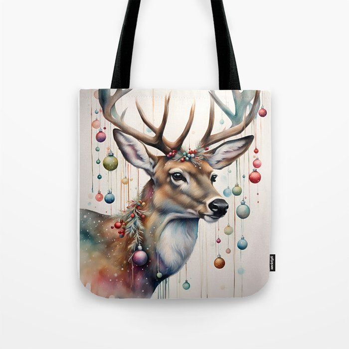 Christmas Deer, Watercolor Painting Tote Bag