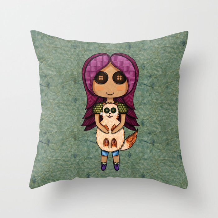 A doll and her cat Throw Pillow
