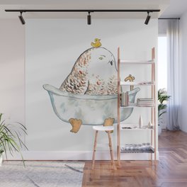 Snowy owl taking bath watercolor painting print Wall Mural