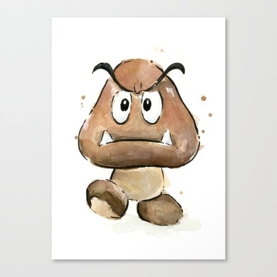 Goomba Watercolor Painting Mario Gamer Videogame Art Canvas Print