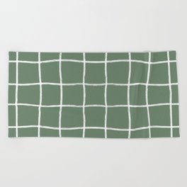 Hand Drawn Windowpane Textured Grid (white/sage green) Beach Towel
