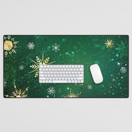 Gold Snowflakes on a Green Background Desk Mat
