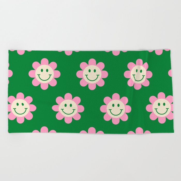 70s Retro Smiley Floral Face Pattern in Green, Pink & Beige Beach Towel