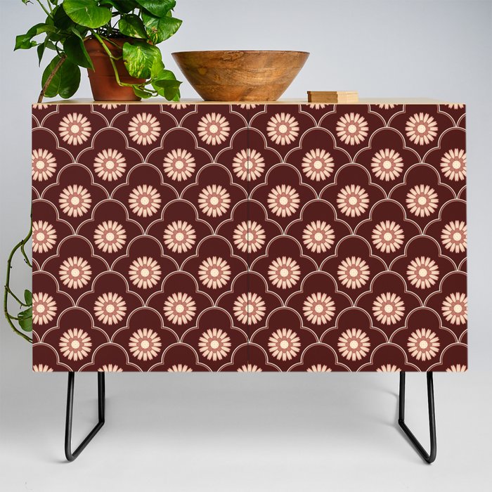 Ethnic Ogee Floral Pattern Red Credenza