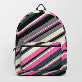 [ Thumbnail: Grey, Beige, Hot Pink, Dark Slate Gray, and Black Colored Lines/Stripes Pattern Backpack ]