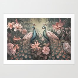 Peacocks Mystic Pink Jungle Garden Art Print