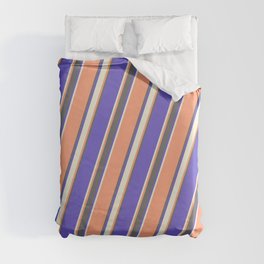 [ Thumbnail: Light Salmon, Dim Grey, Slate Blue, and Beige Colored Lined/Striped Pattern Duvet Cover ]