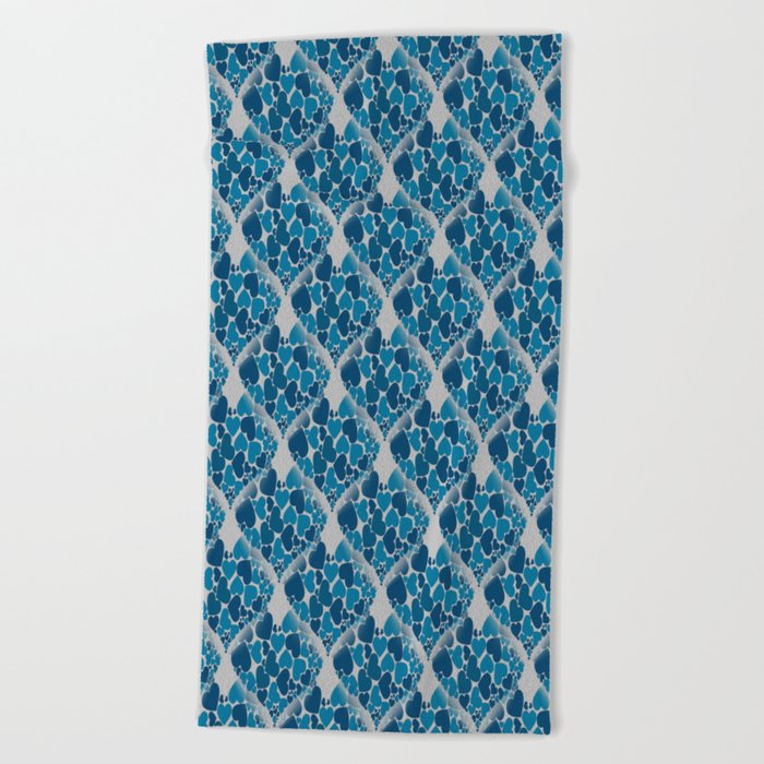 When Hearts Meet Together Pattern - Blue Grey Hearts (On Grey) Beach Towel