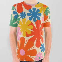 Retro 60s 70s Aesthetic Floral Pattern in Rainbow Pop Colours All Over Graphic Tee
