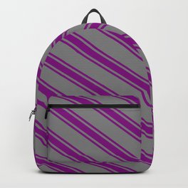 [ Thumbnail: Grey & Purple Colored Stripes Pattern Backpack ]