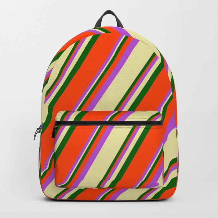 Orchid, Pale Goldenrod, Dark Green, and Red Colored Striped/Lined Pattern Backpack