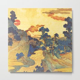 Ancient Path to Kunisada - Nature Ukiyo Landscape in Yellow, Gold, Green, Red and Orange Metal Print | Asian, Japanese, Yellow, Stoner, Red, Nature, Ukiyoe, Mountainforest, Clouds, Landscape 
