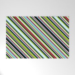 [ Thumbnail: Green, Light Cyan, Brown, Sky Blue & Black Colored Striped Pattern Welcome Mat ]