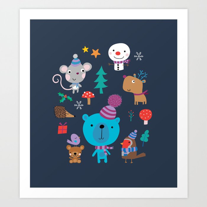 Cute Christmas Animals - Winter design on Navy by Cecca Designs Art Print