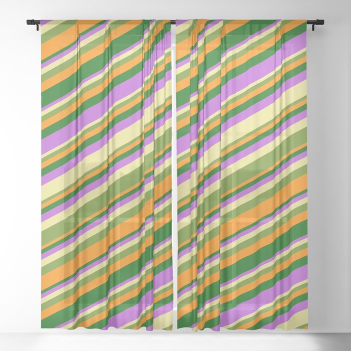 Tan, Green, Dark Orange, Dark Green & Orchid Colored Lines Pattern Sheer Curtain