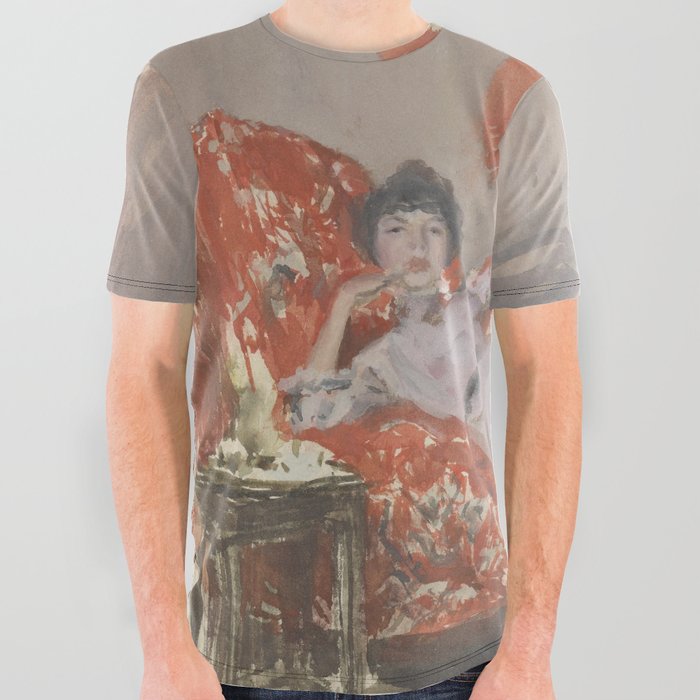Milly Finch (Reclining Woman on Sofa with Fan) - James Abbott McNeill Whistler All Over Graphic Tee