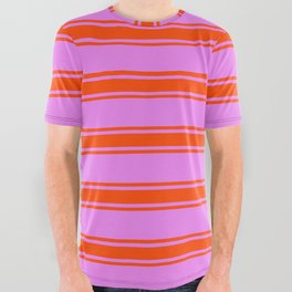 [ Thumbnail: Violet and Red Colored Lined/Striped Pattern All Over Graphic Tee ]