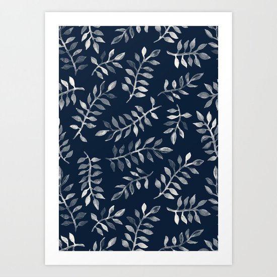 White Leaves on Navy - a hand painted pattern Art Print