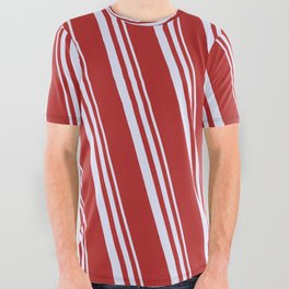 [ Thumbnail: Lavender & Red Colored Lines Pattern All Over Graphic Tee ]