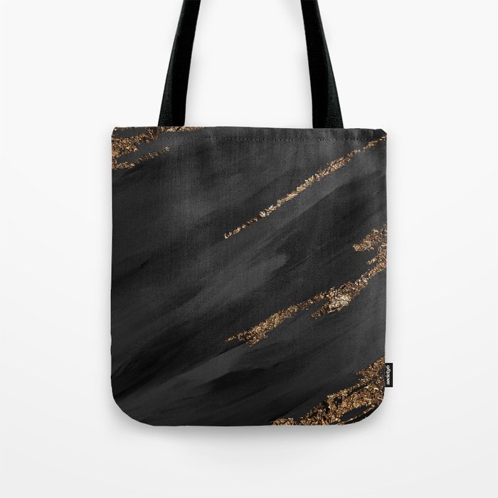 Black Paint Brushstrokes Gold Foil Abstract Texture Tote Bag