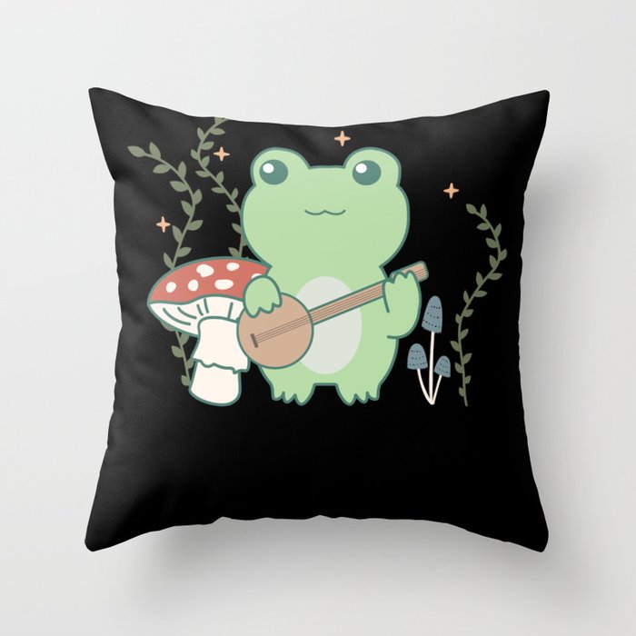 Cottagecore Aesthetic Frog paly banjo Throw Pillow