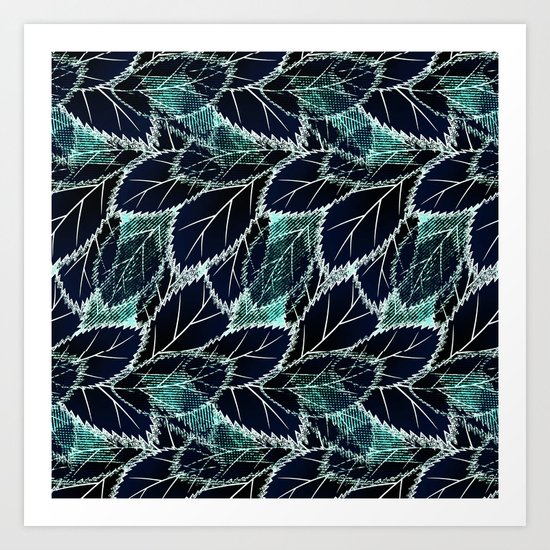 Bright turquoise leaves on a black background. Art Print