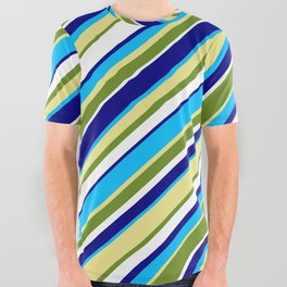 [ Thumbnail: Colorful Blue, Deep Sky Blue, Tan, Green & White Colored Lined Pattern All Over Graphic Tee ]
