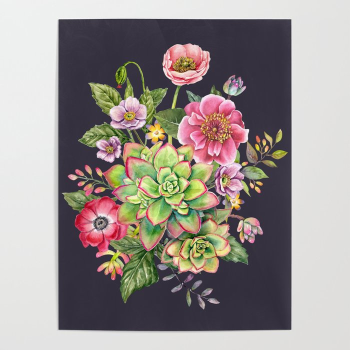 Watercolor Succulents #48 Poster