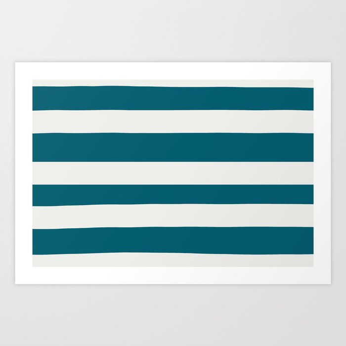 Off White and Tropical Dark Teal Inspired by Sherwin Williams 2020 Trending Color Oceanside SW6496 Hand Drawn Fat Horizontal Line Pattern Art Print