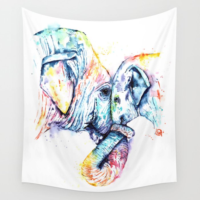 Elephant Mom And Baby Painting Colorful Watercolor Painting By