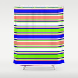 [ Thumbnail: Blue, Green, White, and Salmon Colored Lined Pattern Shower Curtain ]