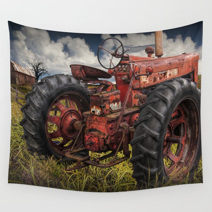 Abandoned Old Farmall Tractor in a Grassy Field on a Farm Wall Tapestry