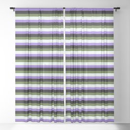 [ Thumbnail: Eyecatching Purple, Black, Dark Olive Green & Mint Cream Pattern of Stripes Sheer Curtain ]