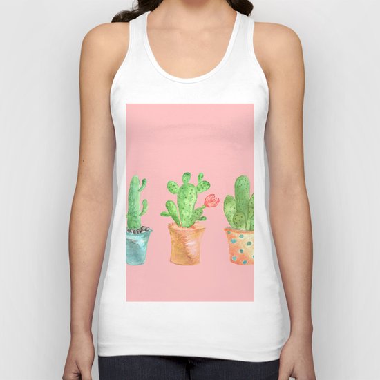 Three Green Cacti On Pink Background Unisex Tank Top