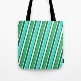 [ Thumbnail: Sea Green, Light Yellow, Turquoise, and Dark Slate Gray Colored Striped Pattern Tote Bag ]