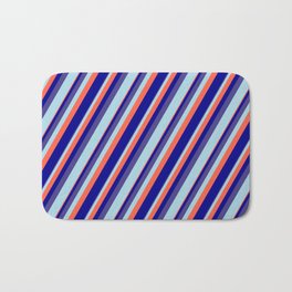 [ Thumbnail: Dark Slate Blue, Light Blue, Red, and Dark Blue Colored Lined Pattern Bath Mat ]