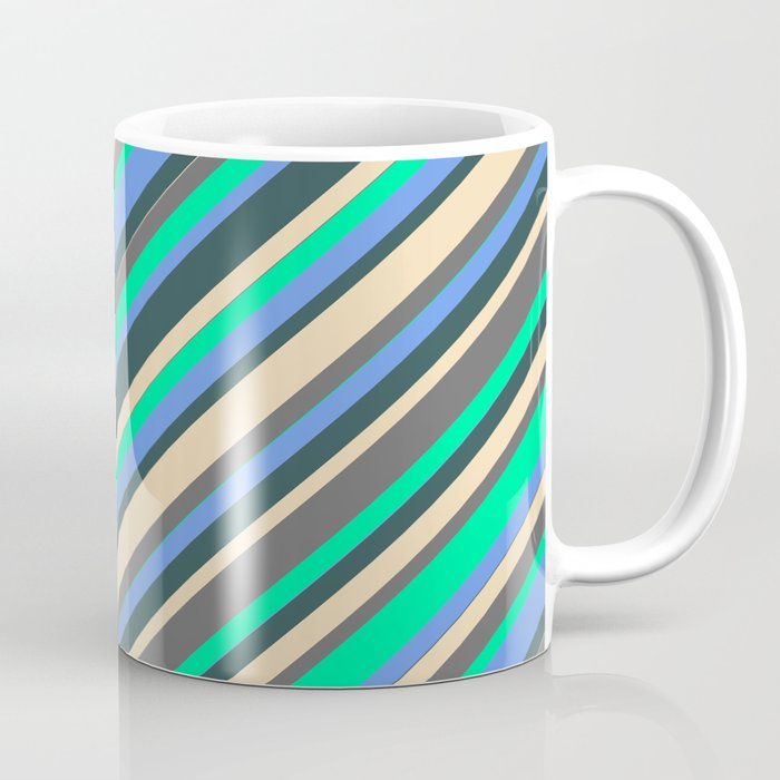 Vibrant Tan, Dim Gray, Green, Cornflower Blue, and Dark Slate Gray Colored Lines/Stripes Pattern Coffee Mug