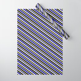 [ Thumbnail: Dark Khaki, Blue, Light Yellow & Black Colored Stripes Pattern Wrapping Paper ]