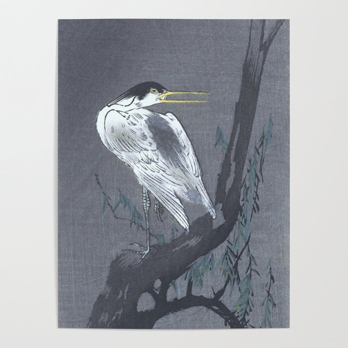 Heron Sitting on a Willow Tree Branch - Vintage Japanese Woodblock Print Art Poster